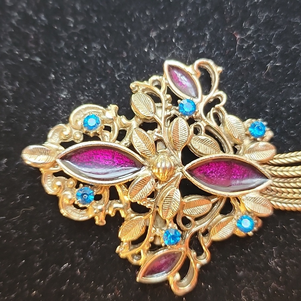 Elegant Gold and Purple Brooch with Blue Accents - Picture 2 of 4